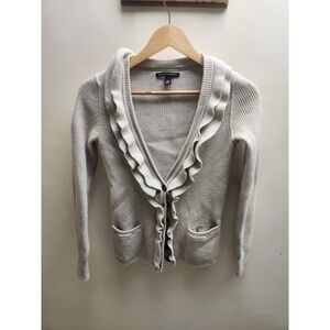 Banana Republic Womens Merino Wool Ruffle Ribbed Cardigan Sweater Oatmeal Gray M